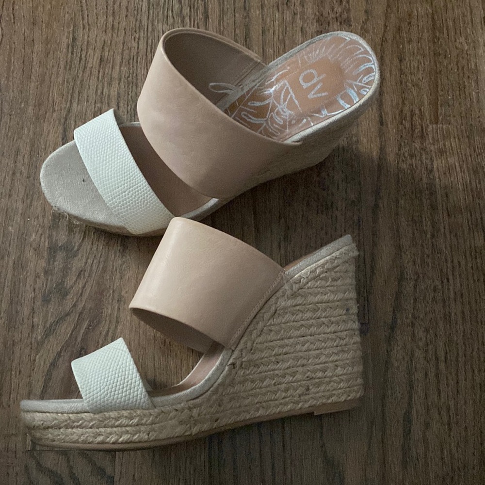 Beige and White wedge slip on heels